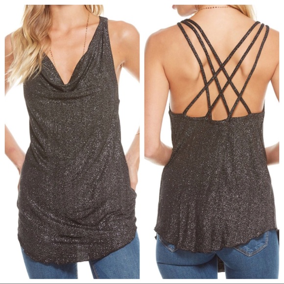 Chaser Tops - CHASER Glitter Cami Cowl Neck Strap Back Black NWT